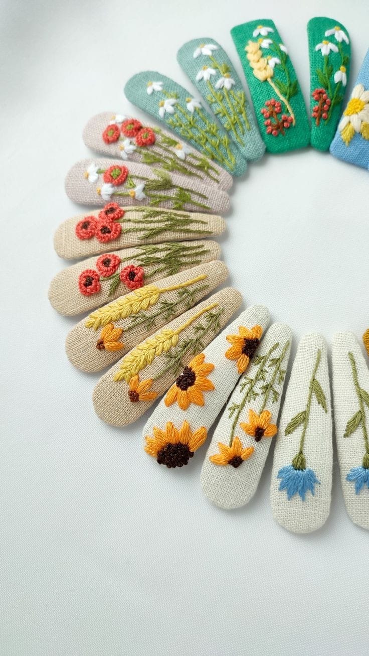Hand Embroidered Floral Hair Clips