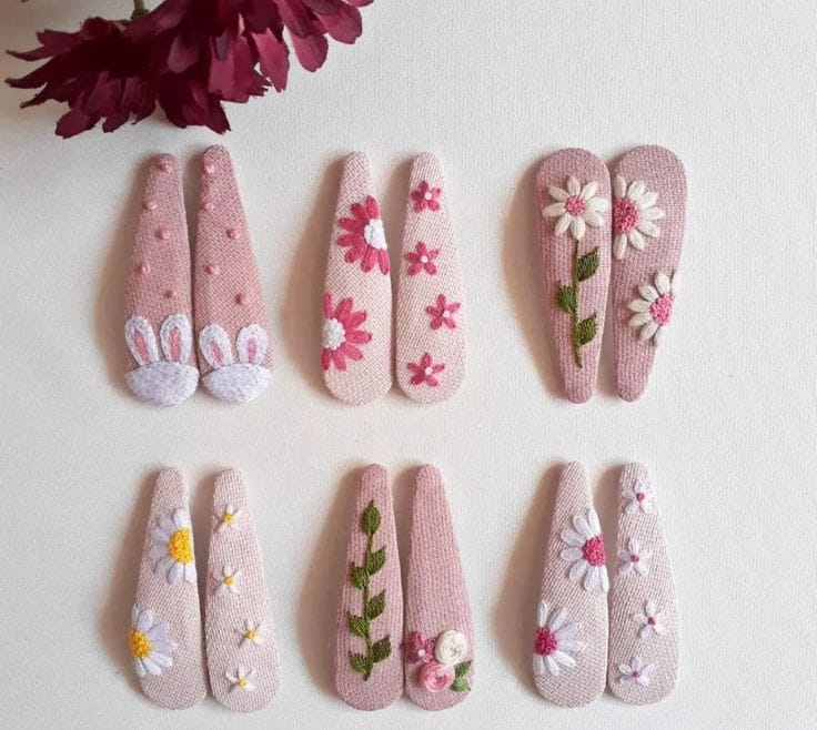 Hand Embroidered Floral Hair Clips