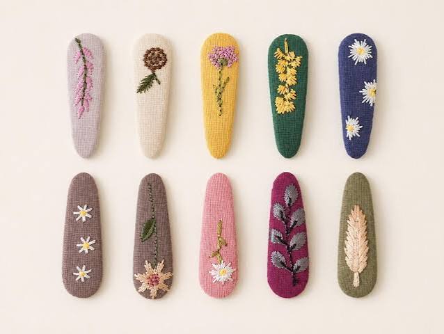 Hand Embroidered Floral Hair Clips