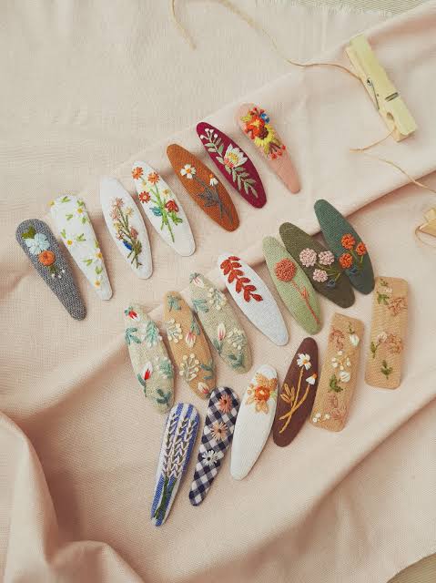 Hand Embroidered Floral Hair Clips