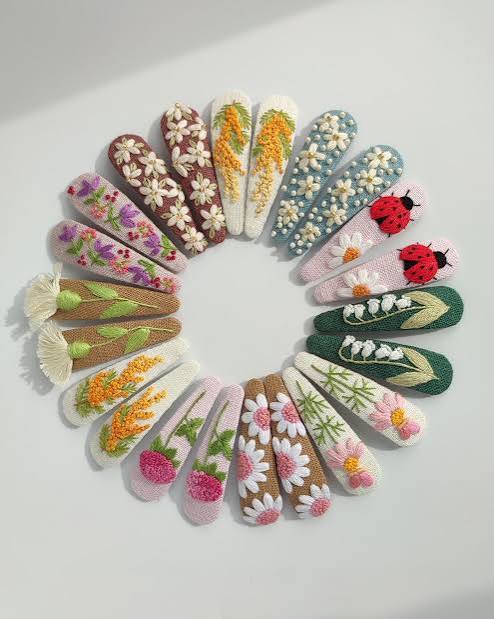 Hand Embroidered Floral Hair Clips