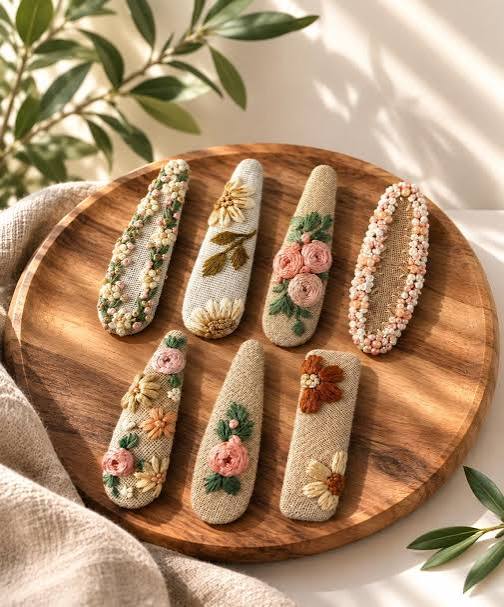 Hand Embroidered Floral Hair Clips